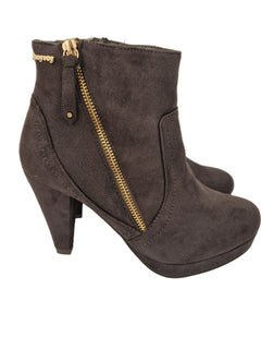 Xti hoyvoy women's high heel ankle boots gray color casual boot suede diagonal zipper cone heel 8.5 cm platform comfort leather insole