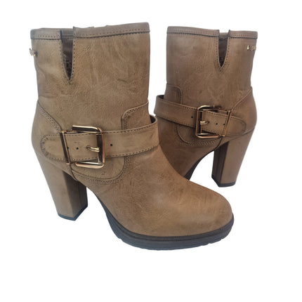 Xti hoyvoy women's high heel ankle boots taupe color casual ankle boot vegan aged synthetic leather golden buckle platform track heel 9.5 cm comfort