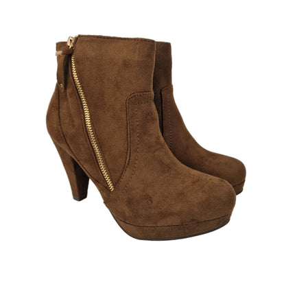 Xti hoyvoy women's high heel ankle boots camel color casual boot suede diagonal zipper cone heel 8.5 cm platform comfort leather insole