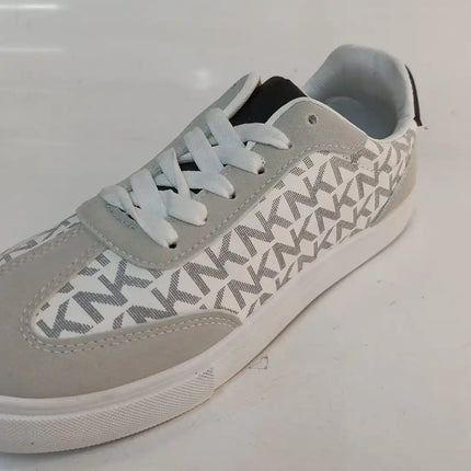 Stylish Comfortable Platform Sneakers for Women, made of synthetic material in white and light gray with a chic KMK monogram, perfect for casual wear and versatile enough to pair with jeans or dresses.