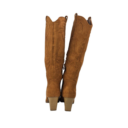 Women's high cowboy boot camel color country boots heel 8.5 cm embroidered wings suede side zipper western style runway concept