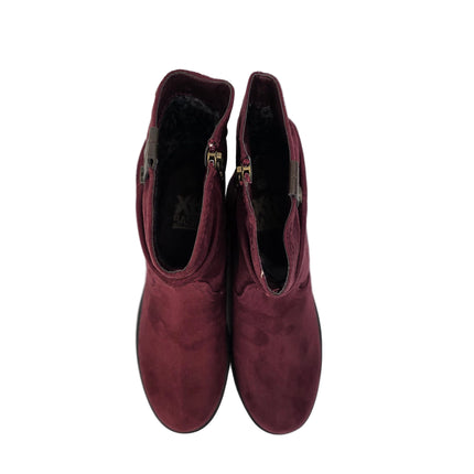 Xti women's mid-calf boots burgundy color casual boot suede slouchy style wrinkled sole track warm lining comfort leather insole