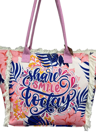 MIGLIORATA Borsa da spiaggia o da piscina grande con LEUCI stampe con la frase {HAN UN SMILE HOJE} con frange di cotone bianco, misura 55*37*19CM. contiene tasche interne e fodere. Tessuto 100% poliestere