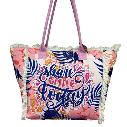 MIGLIORATA Borsa da spiaggia o da piscina grande con LEUCI stampe con la frase {HAN UN SMILE HOJE} con frange di cotone bianco, misura 55*37*19CM. contiene tasche interne e fodere. Tessuto 100% poliestere