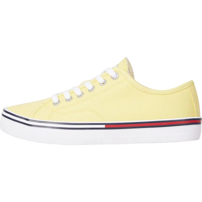 Tommy Jeans Essential Low Canvas Sneakers for Women, featuring a textile upper and rubber sole, comfortable 2 cm thick sole, ideal for casual wear or gym, versatile and stylish in various colors. PlatiNum