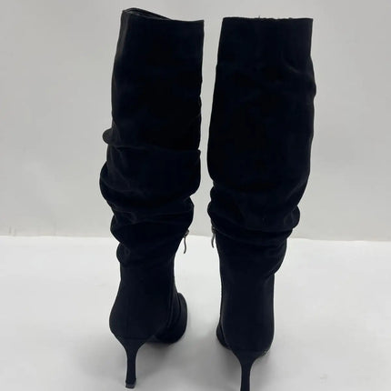 Women's black suede stiletto heel high boots elegant sophisticated modern wrinkled style-j6186