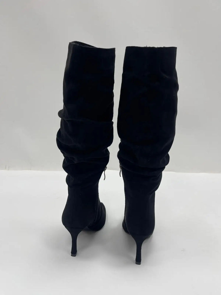 Women's black suede stiletto heel high boots elegant sophisticated modern wrinkled style-j6186