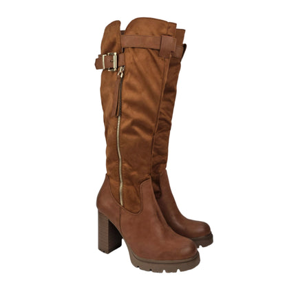 Pasarela concept high heel boots for women camel color casual boot combined slouchy buckle