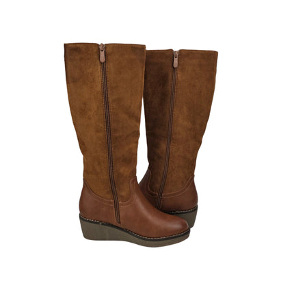 Pasarela concept women's high wedge boots camel color combined casual boot microfiber suede side buckle zipper lining hair comfort