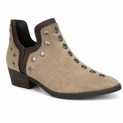 Black suede ankle boots for women with gold studs, low heel, fine toe and side zipper