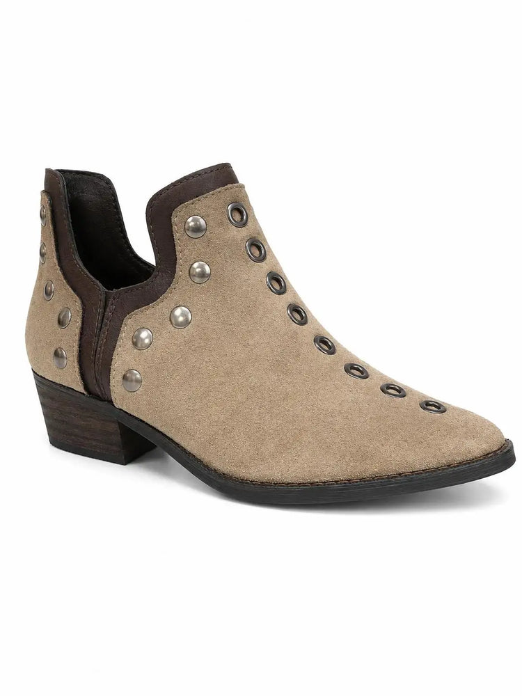 Black suede ankle boots for women with gold studs, low heel, fine toe and side zipper