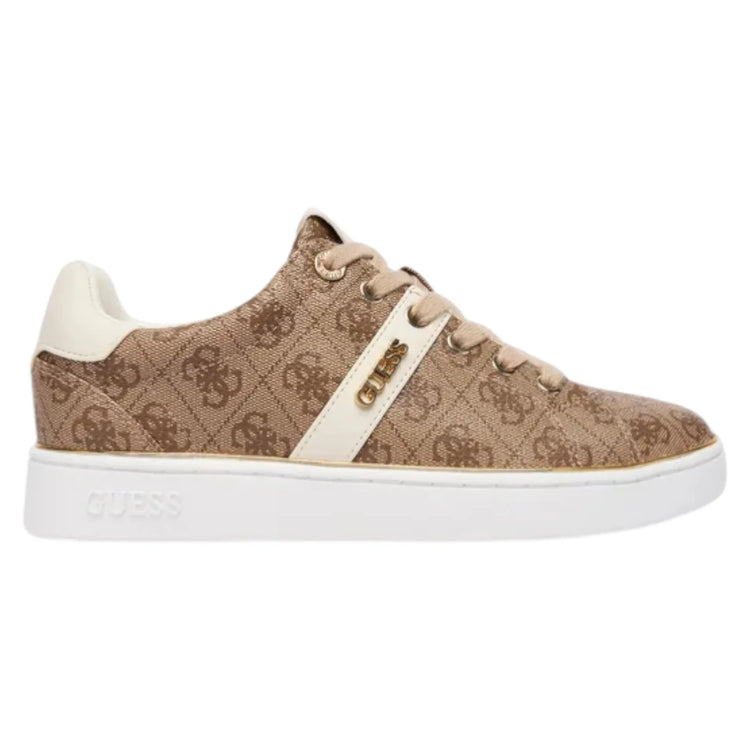 Guess Women's Beige White Britz 4G Logo Sneakers, featuring durable polyurethane upper, comfortable cotton lining, and 3 cm rubber sole, ideal for casual wear and everyday comfort.