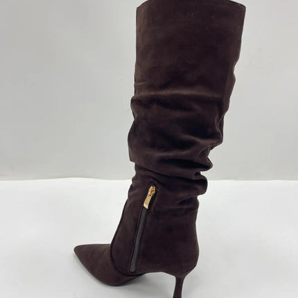 Women's brown suede stiletto heel high boots, elegant and sophisticated, modern wrinkled style-j6186