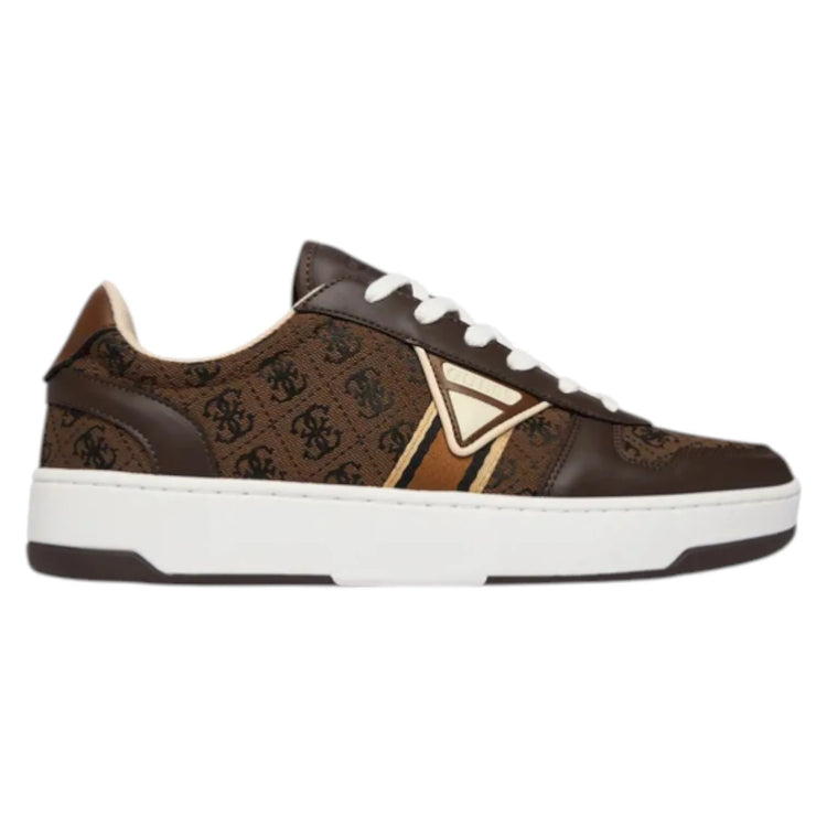 Guess Men's Sneakers Vincent 4G Triangle Logo Brown, made of leather and cotton with a round toe, 3.2 cm sole height, perfect for casual and athletic wear, ideal for autumn and spring seasons.