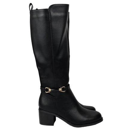 Pasarela concept women's high heel boots black color casual boot leather effect slouchy equestrian stirrup gold double elastic twin wide