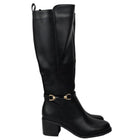 Pasarela concept women's high heel boots black color casual boot leather effect slouchy equestrian stirrup gold double elastic twin wide