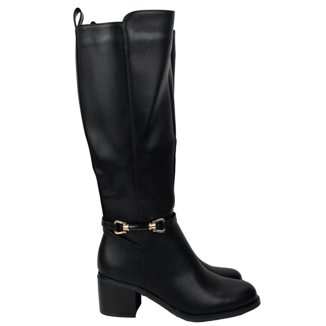 Pasarela concept women's high heel boots black color casual boot leather effect slouchy equestrian stirrup gold double elastic twin wide