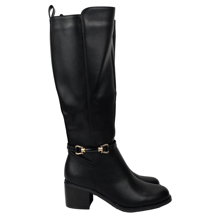Pasarela concept women's high heel boots black color casual boot leather effect slouchy equestrian stirrup gold double elastic twin wide