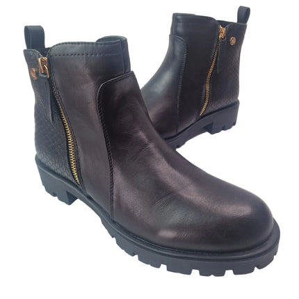 Xti women's track ankle boots color black military casual boot toothed sole snake engraving leather insole fur lining zipper comfort catwalk concept