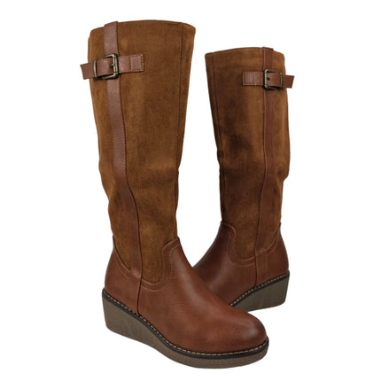 Pasarela concept women's high wedge boots camel color combined casual boot microfiber suede side buckle zipper lining hair comfort