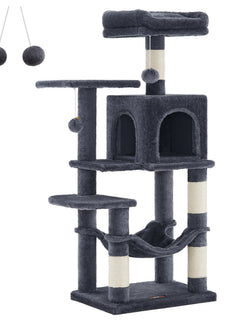 Albero per gatti Feandrea, altezza 112 cm/143 cm, torre per gatti, con 4 tiragraffi, 2 piattaforme, 1 grotta, 1 amaca, 2 pompon, tessuto felpato, multilivello, rosa confetto/bianco crema/grigio chiaro/grigio fumo