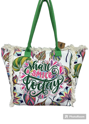 MIGLIORATA Borsa da spiaggia o da piscina grande con LEUCI stampe con la frase {HAN UN SMILE HOJE} con frange di cotone bianco, misura 55*37*19CM. contiene tasche interne e fodere. Tessuto 100% poliestere