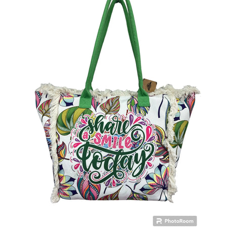 MIGLIORATA Borsa da spiaggia o da piscina grande con LEUCI stampe con la frase {HAN UN SMILE HOJE} con frange di cotone bianco, misura 55*37*19CM. contiene tasche interne e fodere. Tessuto 100% poliestere