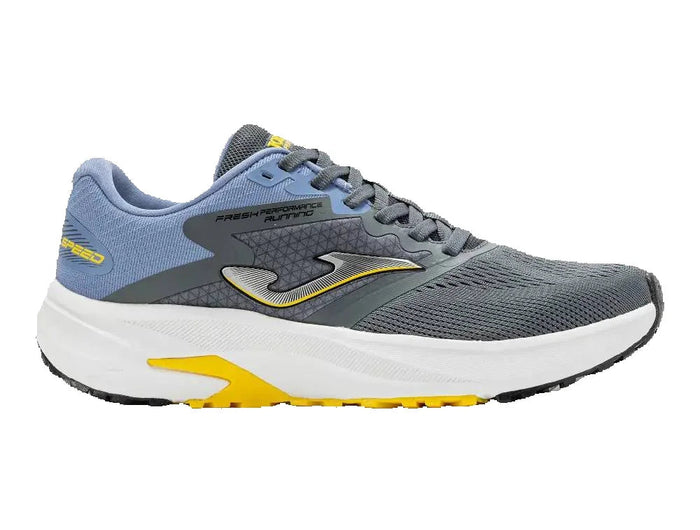 Joma R.Speed Men 2512 Grey Running Shoes offer excellent traction and cushioning, designed for men's training and asphalt races, featuring breathable mesh lining and rubber material for enhanced durability. PlatiNum