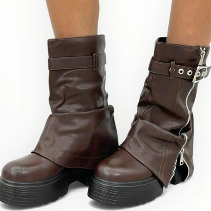 Kendall romanciaga platform women's boots y2k style with side and interior zipper, autumn winter fashion trend, buckle adjustment,