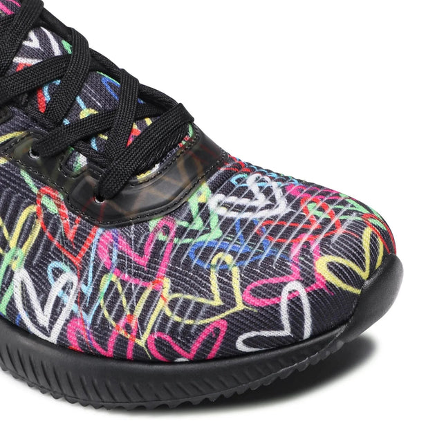 Skechers BOBS Squad Starry Love - Women's sneakers with a unique multicolor heart print by James Goldcrown, featuring breathable mesh upper, cushioned Memory Foam™ insole for comfort, and flexible rubber sole, perfect for c PlatiNum