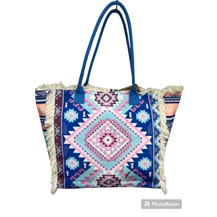 MIGLIORATA Borsa grande da spiaggia o piscina con stampe originali e frange di nappine in cotone bianco, dimensioni 55*37*19 cm. Dotata di tasche interne e fodera. Tessuto 100% poliestere.