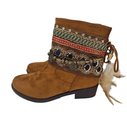 Pasarela concept women's country boots boho style 2 in 1 removable ethnic ribbon casual boot lined zipper non-slip rubber sole