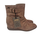 Mustang women's ankle boots taupe color hidden interior wedge 10 cm wrinkled shaft boot grayish brown buckle zipper runway concept
