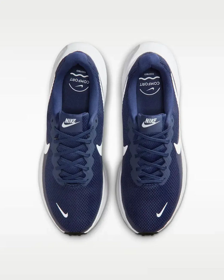Nike Revolution 8 Midnight Navy Running Shoes for Men, featuring breathable mesh upper, foam midsole for cushioning, and a 10mm drop, ideal for comfortable asphalt running.