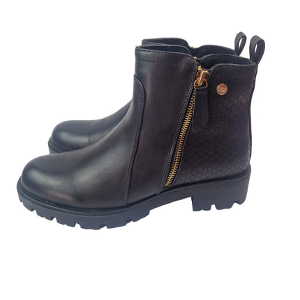 Xti women's track ankle boots color black military casual boot toothed sole snake engraving leather insole fur lining zipper comfort catwalk concept