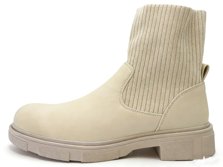 Beige ankle boot with elastic shaft and thick sole for women - lantian