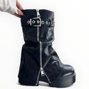 Kendall romanciaga platform women's boots y2k style with side and interior zipper, autumn winter fashion trend, buckle adjustment,
