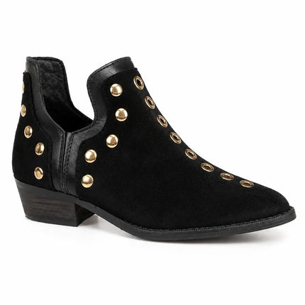 Black suede ankle boots for women with gold studs, low heel, fine toe and side zipper