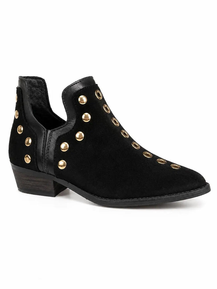 Black suede ankle boots for women with gold studs, low heel, fine toe and side zipper