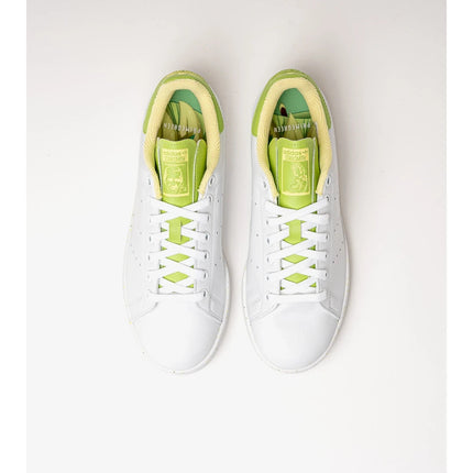 Adidas Stan Smith Disney Tiana and the Frog limited edition women's sneakers, featuring a classic white upper with green accents, comfortable lightweight cushioning, and a sustainable sole made from recycled materials. PlatiNum