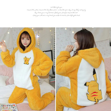 Jielur Warm Women Pajama Sets Winter Lady Long Sleeve Shirt+Pants Home suit Hooded Cartoon Print Thick Pijama Feminino