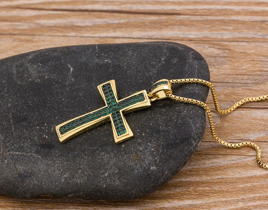 AIBEF Nuova Croce Blu/Viola/Verde Collana di Cristallo Rame Zircone Cubico Collana Girocollo 4 Colori Religione Gioielli Regalo Per La Festa