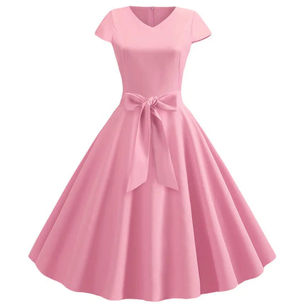 Robe d'été vintage pour femme avec ceinture, manches courtes, col en V, élégante robe de soirée rétro évasée