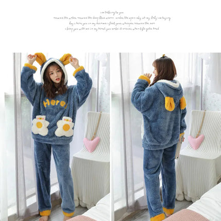 Jielur Warm Women Pajama Sets Winter Lady Long Sleeve Shirt+Pants Home suit Hooded Cartoon Print Thick Pijama Feminino