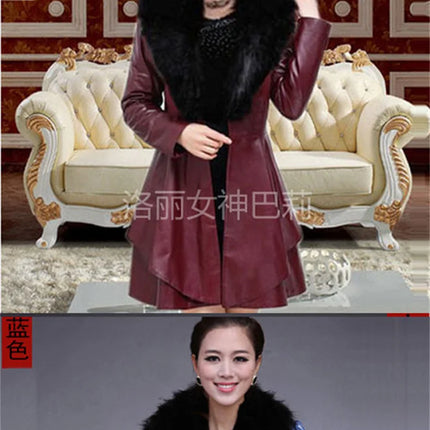 PU Leather Long Leather Jacket Women's Fur Collar Removable Coat Faux Leather Slim Female Temperament Leather Windbreaker Black