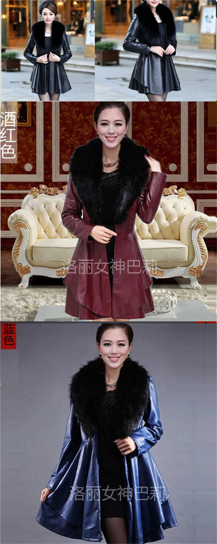 PU Leather Long Leather Jacket Women's Fur Collar Removable Coat Faux Leather Slim Female Temperament Leather Windbreaker Black