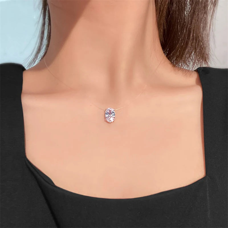 Collana di zirconi ovali AAA di lusso Bling Linea di pesca trasparente invisibile Girocollo Collane da donna Ciondolo ellittico Collier Femme