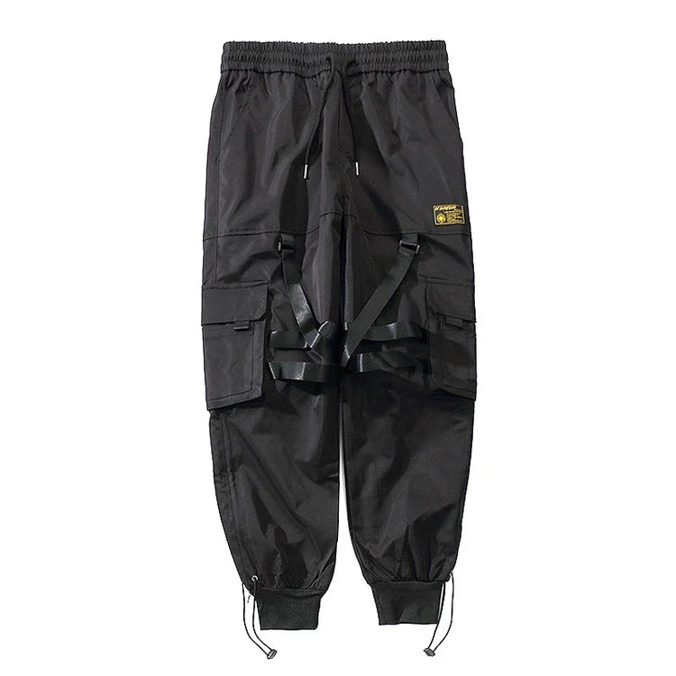 Tactical Cargo Pants Men Joggers Streetwear Ankle-length Pants Ribbons Elastic Waist Black Pant Hip Hop Male