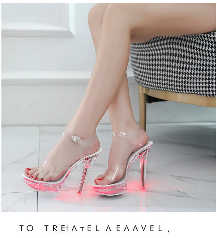 Light Up Glowing Shoes Woman Luminous Clear Sandals Women Platform Shoes LED 13cm High Heel Transparent Stripper Heels Shoes