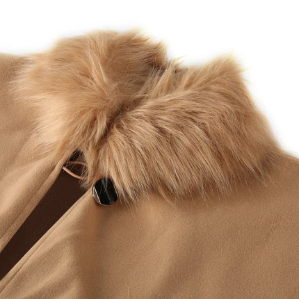 Elegant Women Winter Coats Batwing Fluffy Sleeve Cape Jacket Lady Woolen Overcoat Cape Fox Fur Collar Warm Ponchos Feminino